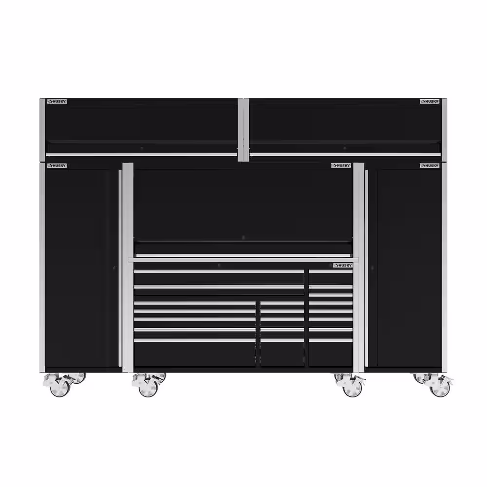 Husky 72 in. W x 24.5 in. D Professional Duty 20-Drawer Mobile Workbench Combo w/ 2 Side Lockers, 2 Top Lockers, and Top Hutch
