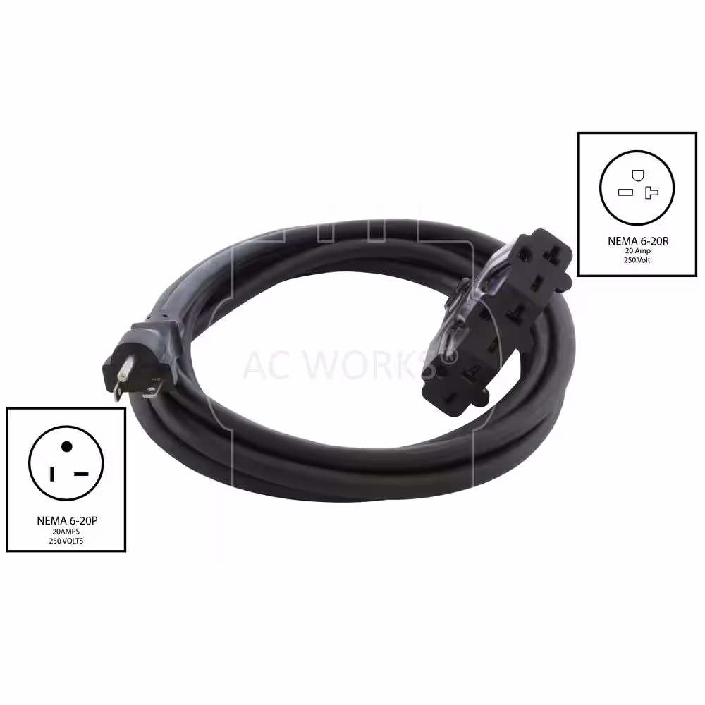 AC WORKS 10 ft. SJTW 12/3 NEMA 6-20 20 Amp 220-Volt Plug to 15/20 Amp 220-Volt Multi-Outlets Extension Cord