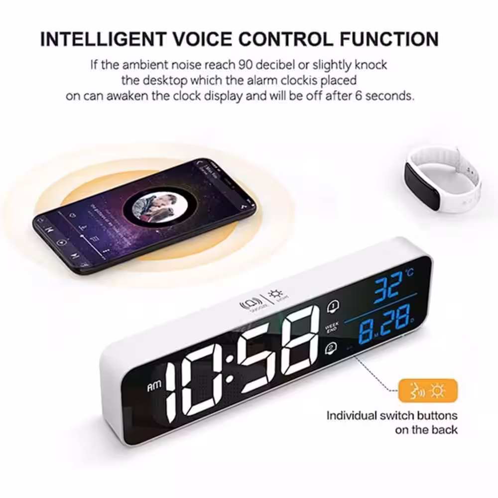 None Modern LED Large Display Rechargeable Wireless Digital Alarm Clock in Black