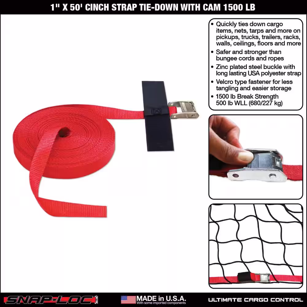 SNAP-LOC 50 ft. x 1 in. Cinch Strap with Hook and Loop Storage Fastener in Red