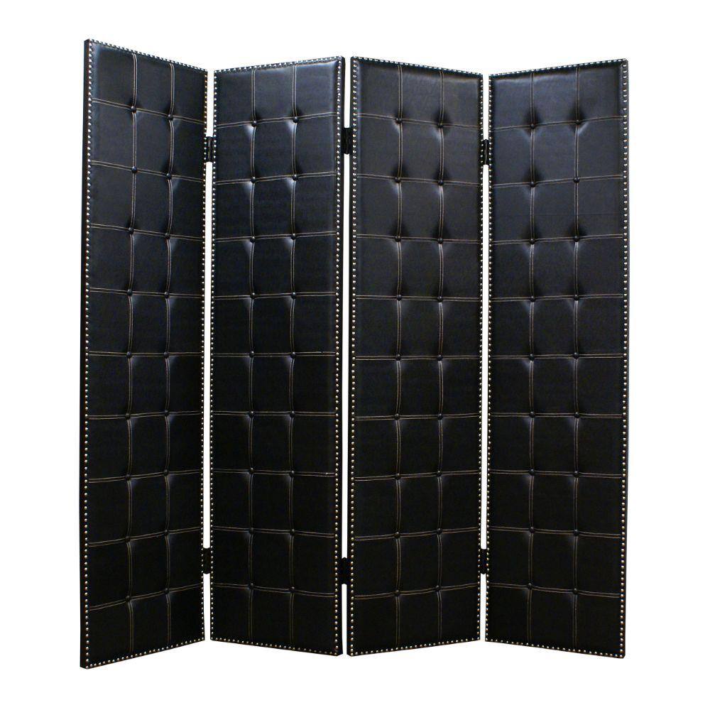 Benjara Black 4 Panel Wooden Screen with Button Tufting and Nailhead Trims