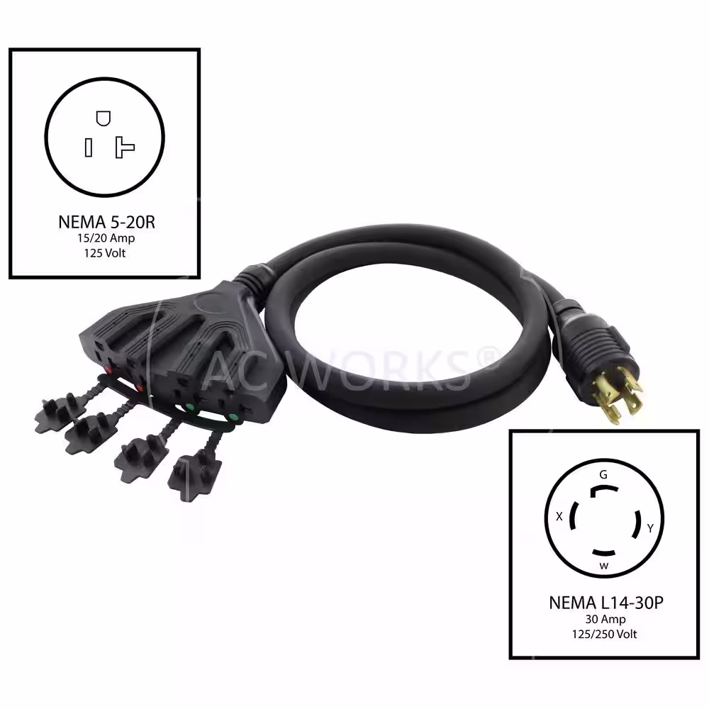 AC WORKS L14-30P 5 ft. 10-Gauge 4-Prong 30 Amp Generator Locking Plug to Four 15 Amp/20 Amp Household Power Distribution Cord