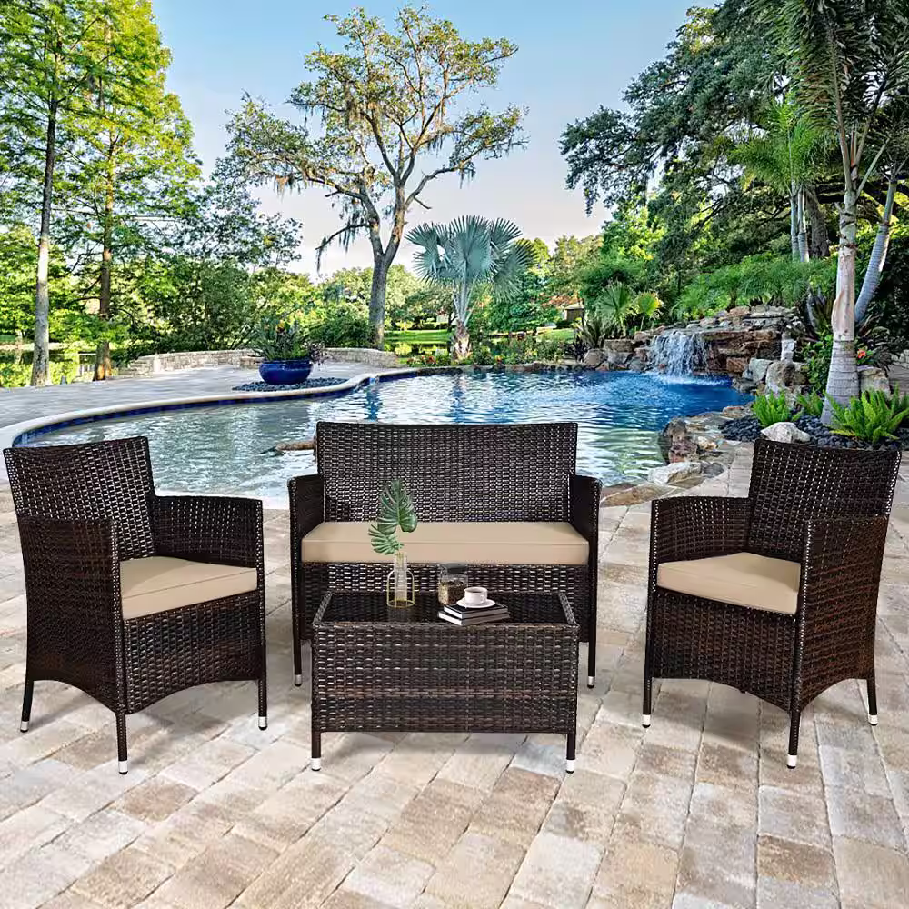 Gymax 8-Piece Rattan Patio Outdoor Furniture Set with Cushioned Chair Loveseat Table with Brown Cushions