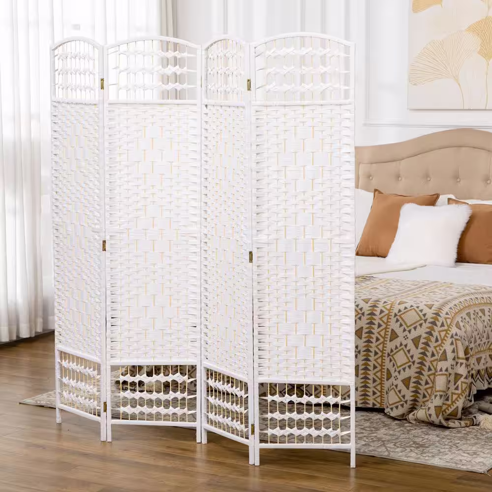 HOMCOM 4-Panel Room Divider, 5.6 ft. Tall Folding Privacy Screen, Wave Fiber Freestanding Partition Wall Divider, White