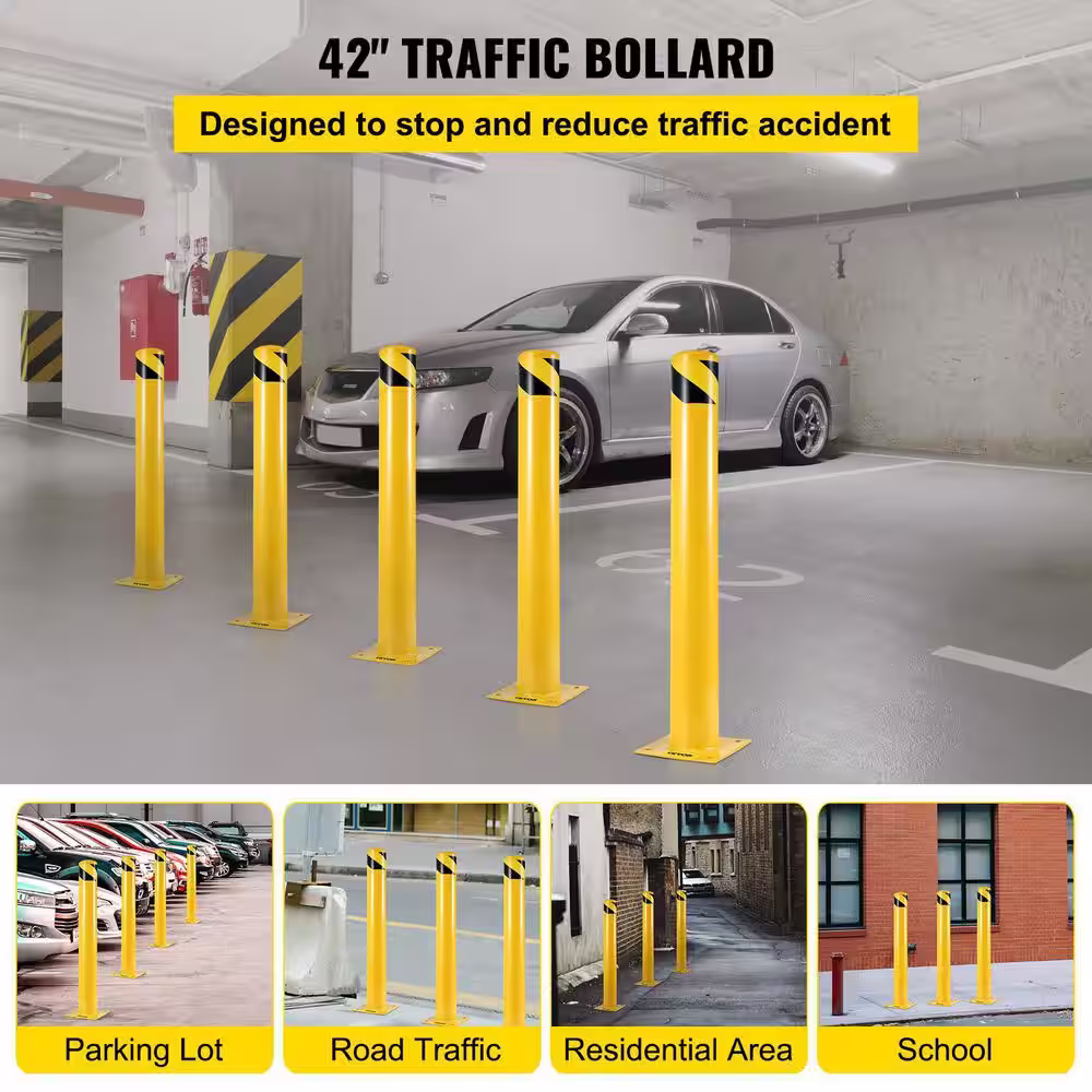 VEVOR Safety Bollard 42 in. x 4.5 in. Yellow Safety Barrier Bollard w/4 Free Anchor Bolt Powder Coat Pipe Steel Safety Barrier