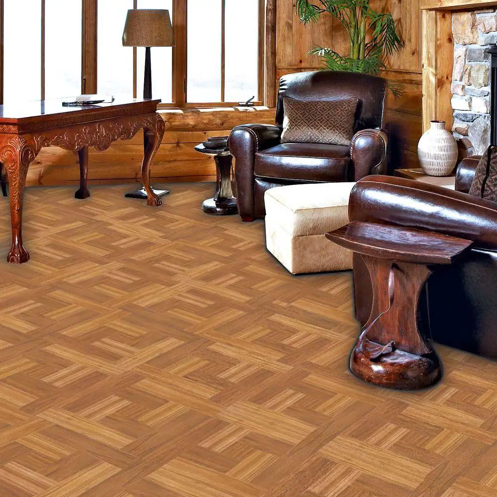 TrafficMaster Brown Wood Parquet 4 MIL x 12 in. W x 12 in. L Peel and Stick Water Resistant Vinyl Tile Flooring (30 sqft/case)