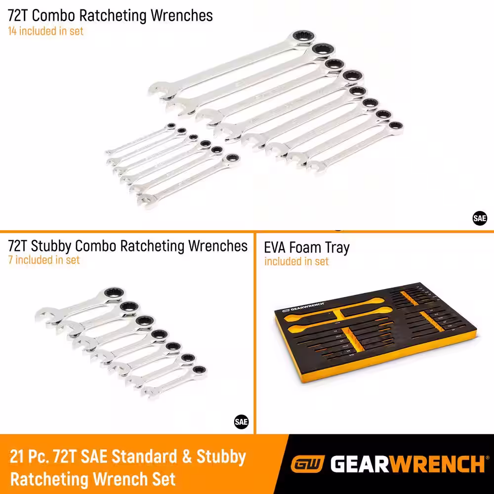 GEARWRENCH 21-Piece 72T SAE Standard and Stubby Ratcheting Wrench Set with EVA Foam Tray