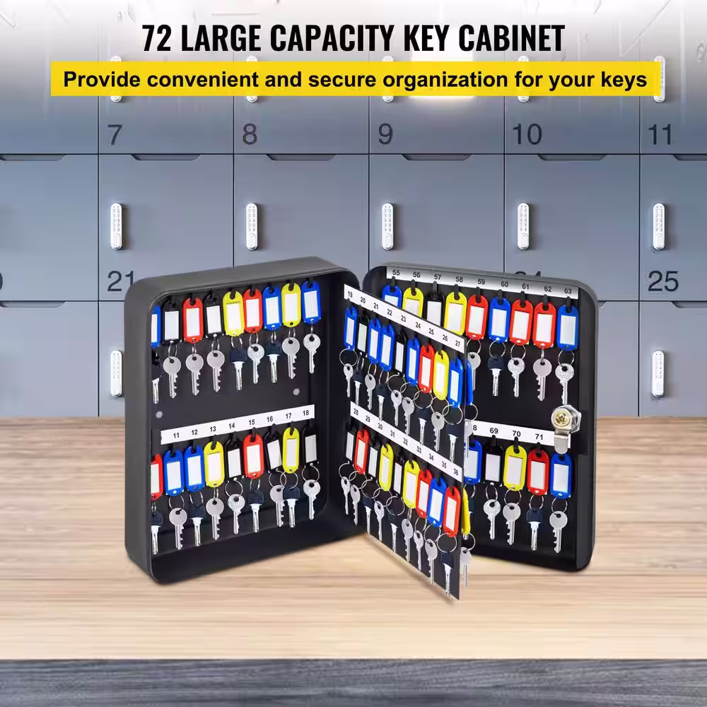 VEVOR Key Cabinet 72 Position Q235 Steel Key Box w/72 Key Hooks Tags & 2 Keys Wall Mount Key Cabinet for Office, Hotel, Bank