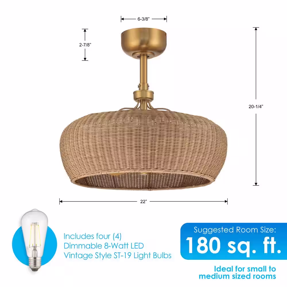 ARRANMORE LIGHTINGÂ &Â FANS Maribel 22 in. LED Indoor Aged Brass Rattan Shade Ceiling Fan with Dimmable Lights and Remote Control