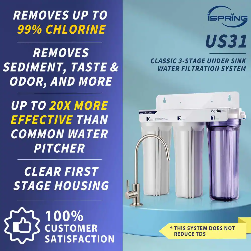 ISPRING 3-Stage Under Sink High Capacity Tankless Drinking Water Filtration System-Includes Sediment 2x Cto Carbon Block Filters