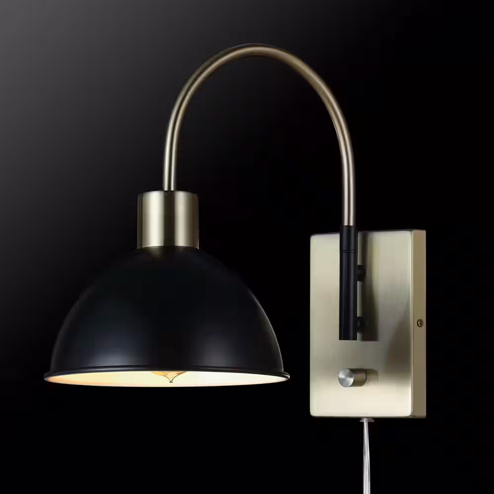 Globe Electric 1-Light Matte Brass Plug-In or Hardwire Wall Sconce with Matte Black Accents, 6 ft. Clear Cord, On/Off Rotary Switch