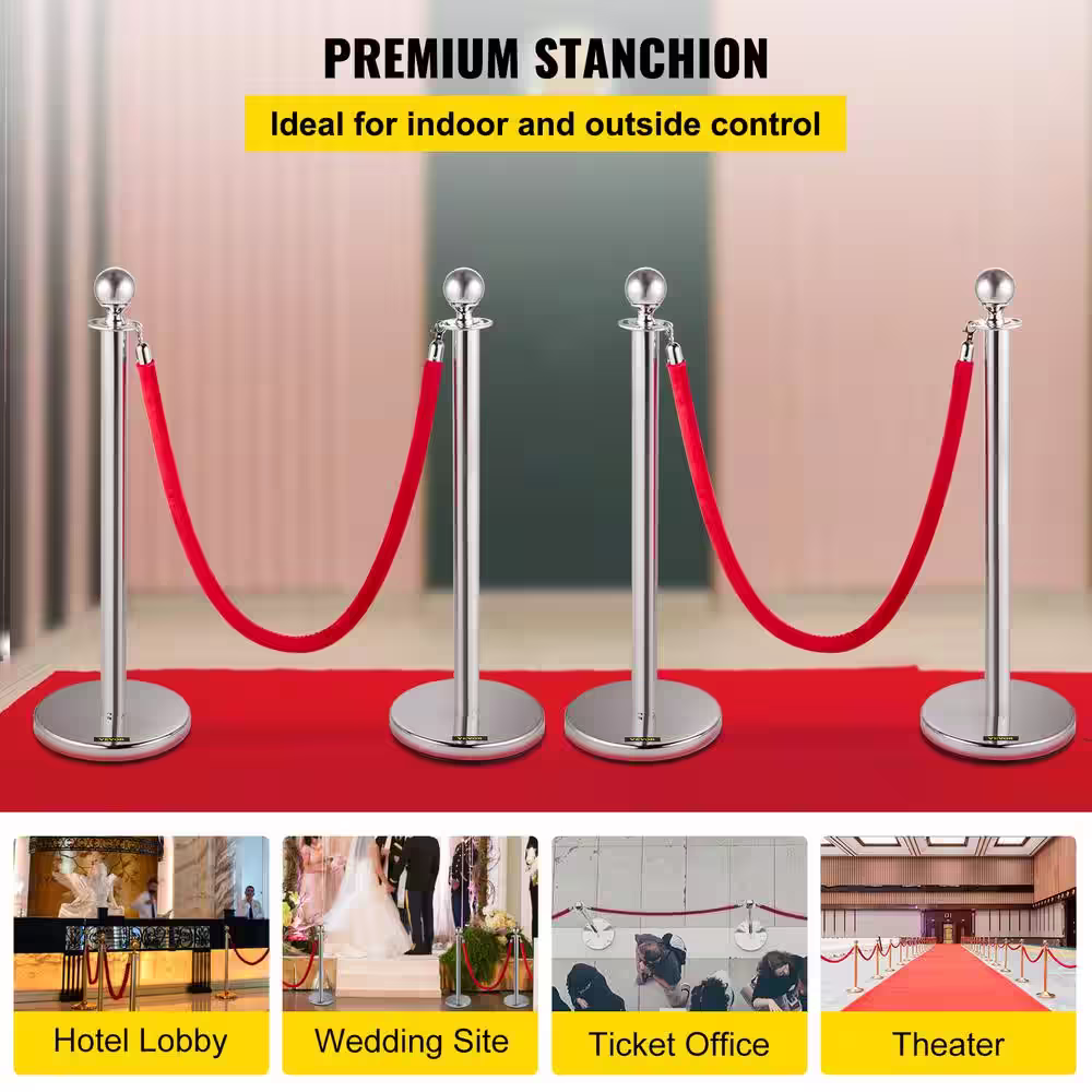 VEVOR Crowd Control Stanchion 4.9 ft. Red Velvet Ropes barriers 4-Pieces Stainless Steel Stanchion Posts Queue, Silver