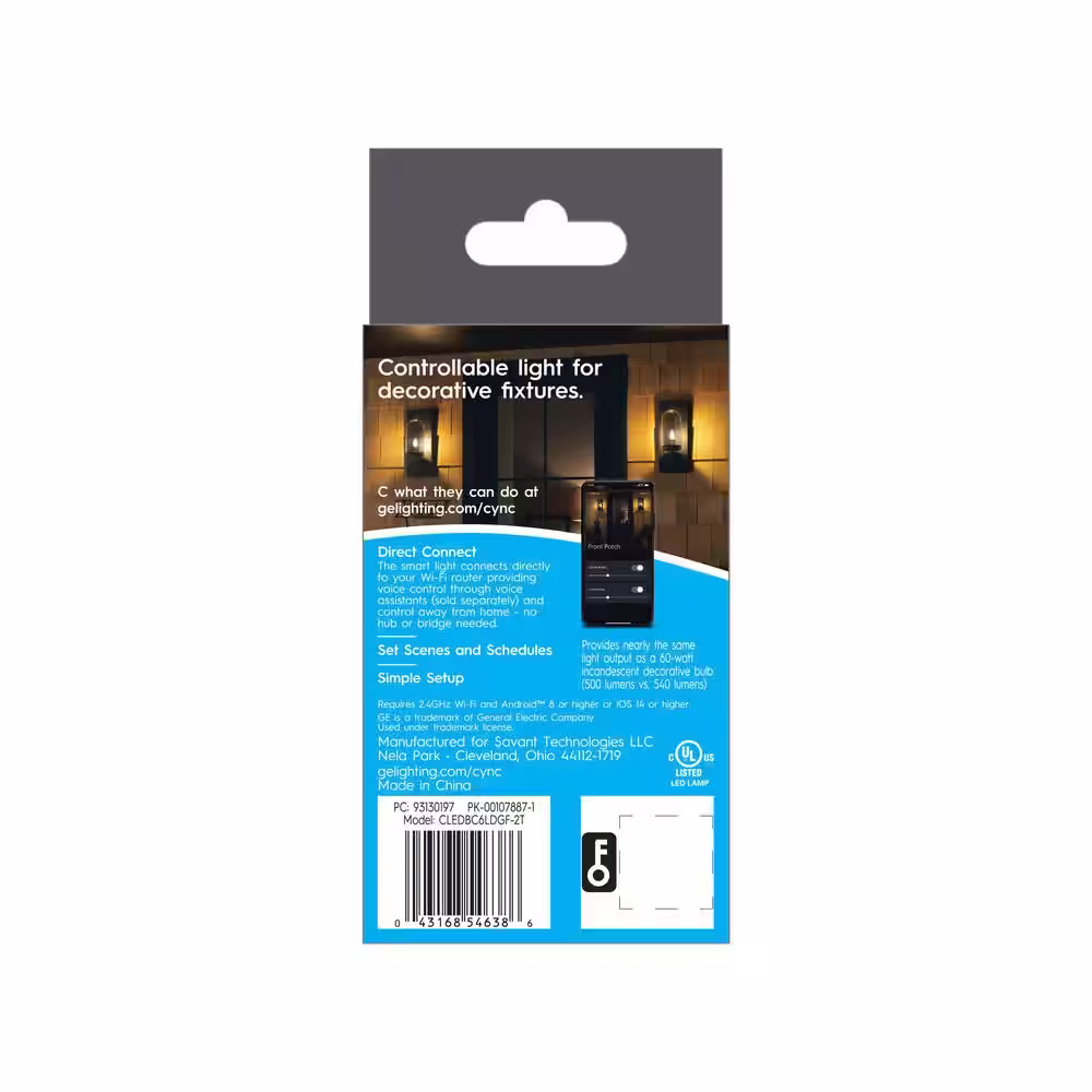 Cync 60-Watt EQ B11 Soft White Deco Candelabra Base BC Smart Bulbs (2-Pack)