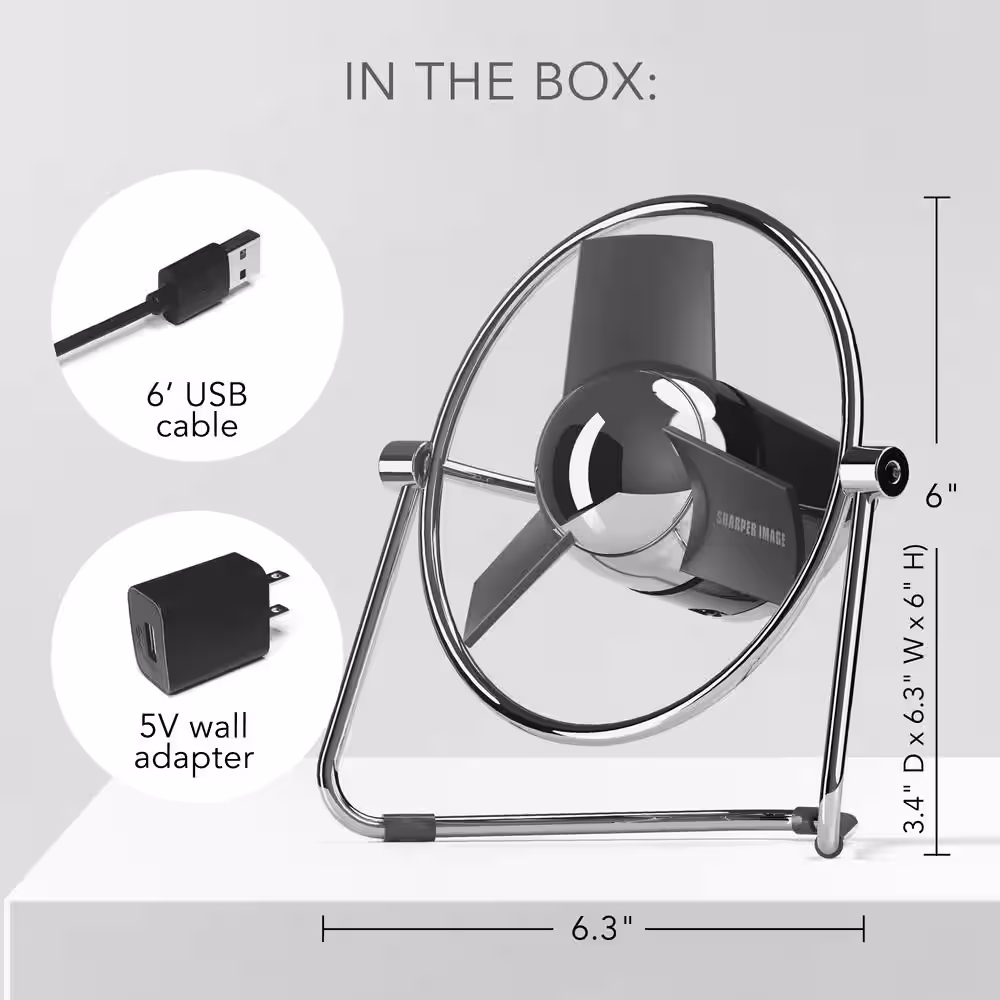 Sharper Image SBM1 USB Fan with 4.4 in. Soft Blades, 2 Speeds, Touch Control, Metal Frame, Wall Adapter, 6 ft. USB Cable