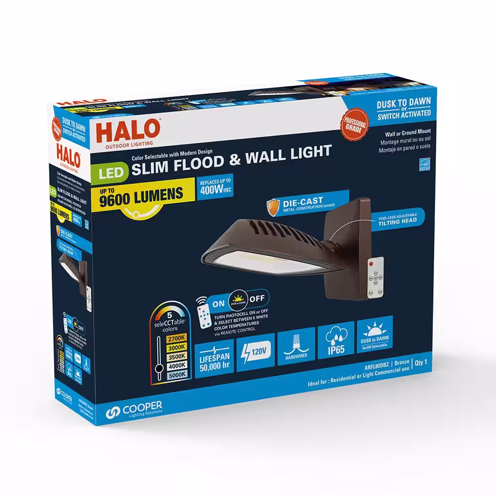 HALO ARFL series, 80-Watt, Bronze, Outdoor Integrated LED Architectural Residential Floodlight, Dusk to Dawn, 9000 Max Lumens