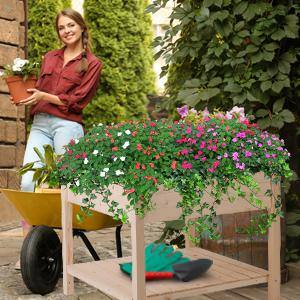 Outsunny 36 in. L x 36 in. W x 32 in. H Wood Square Outdoor Raised Garden Bed Planter Box with Shelf