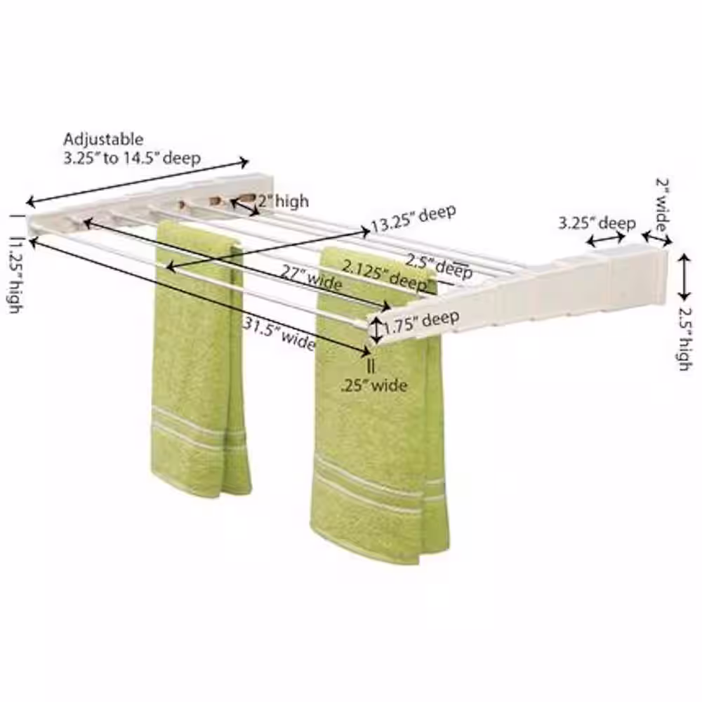 HOUSEHOLD ESSENTIALS 31.5 in. x 3.25 in White, Plastic, Wall Mounted Telescoping Garment Rack Drying Rack