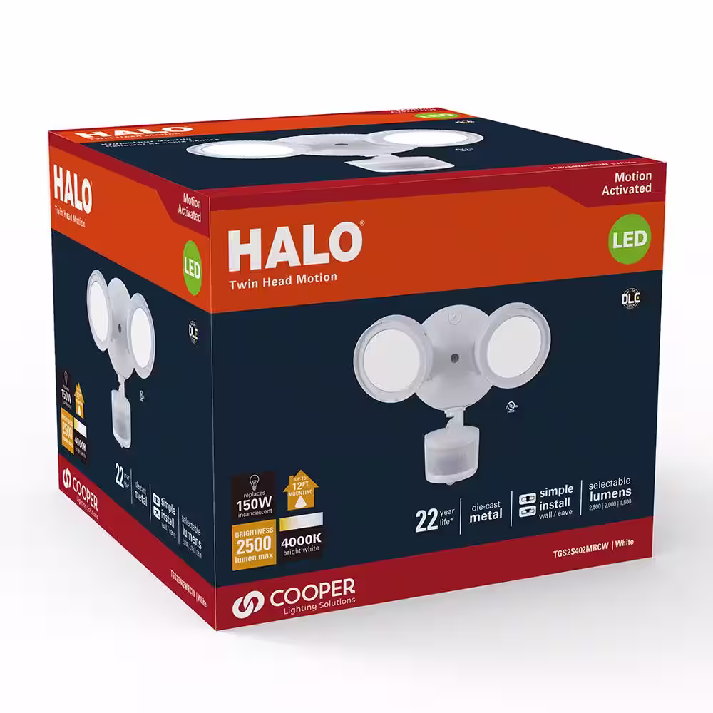 HALO TGS 2500 Lumen Selectable White Motion Activated Outdoor Integrated LED Flood Light w/ Round Twin Heads, 4000K