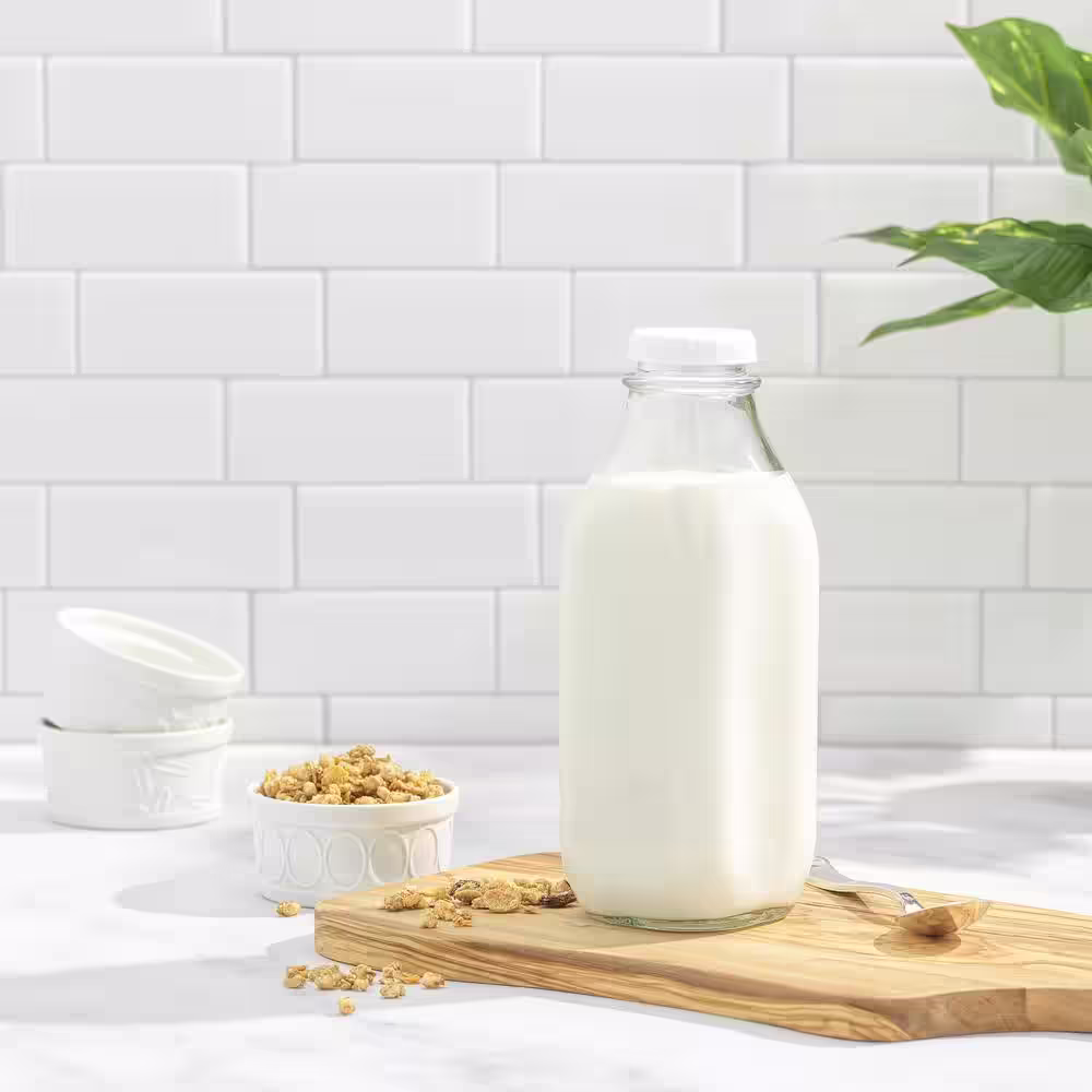 JoyJolt Reusable Glass 32 oz. Clear Milk Bottle with Lid and Pourer (3-Pack)