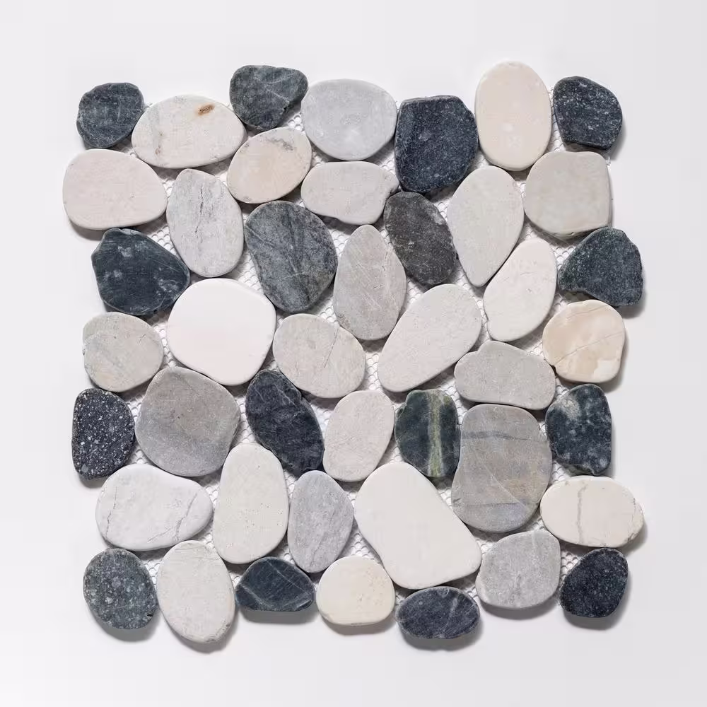 TILE CONNECTION Sliced Pebble Tile Grey/Black/White 11-1/4 in. x 11-1/4 in. x 9.5mm Honed Pebble Mosaic Tile (9.61 sq. ft. / case)