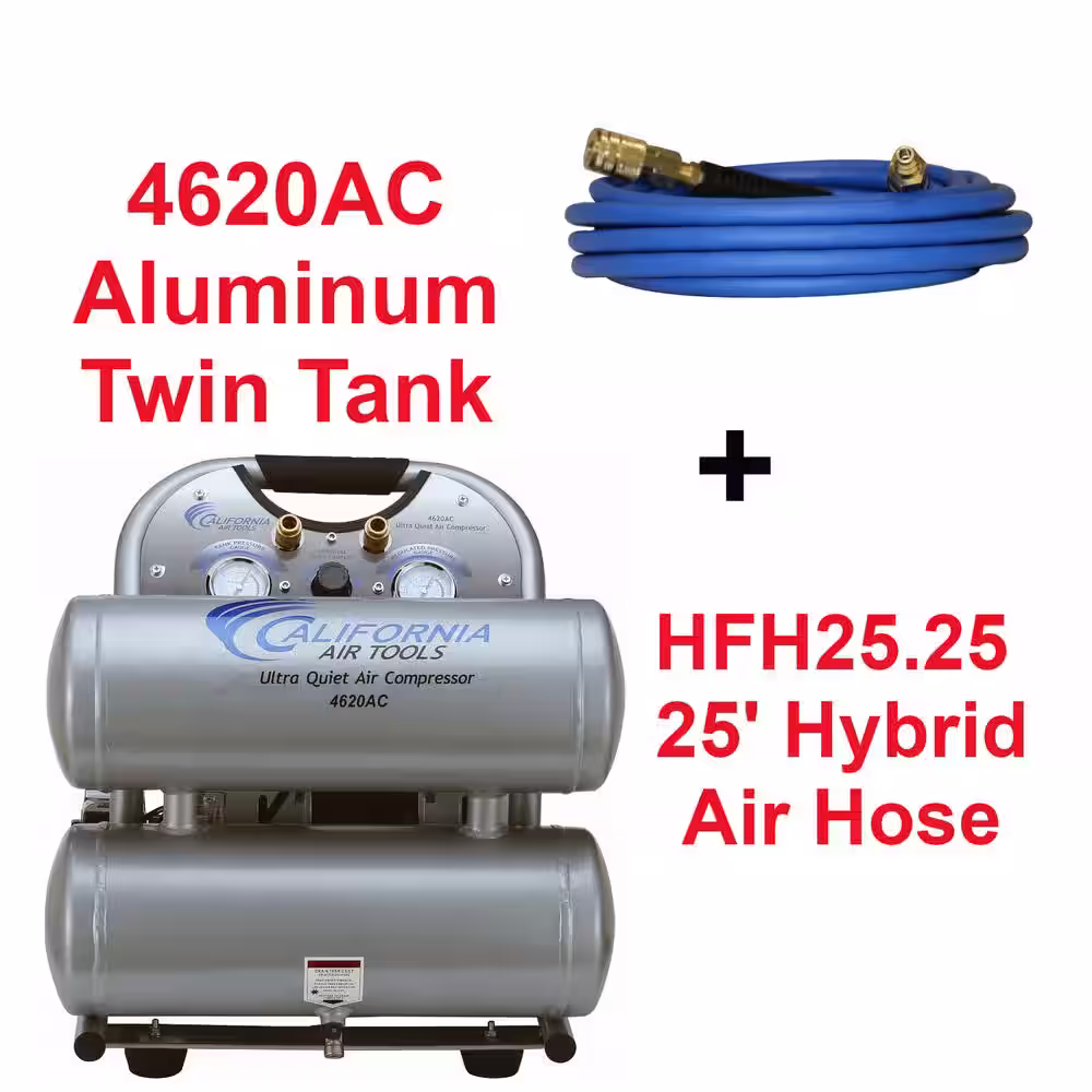 California Air Tools UltraQuiet OilFree 4.6Gal 2Hp 125 PSI Electric Aluminum Twin Air Compressor with 25ft Industrial Quick Connect Hose