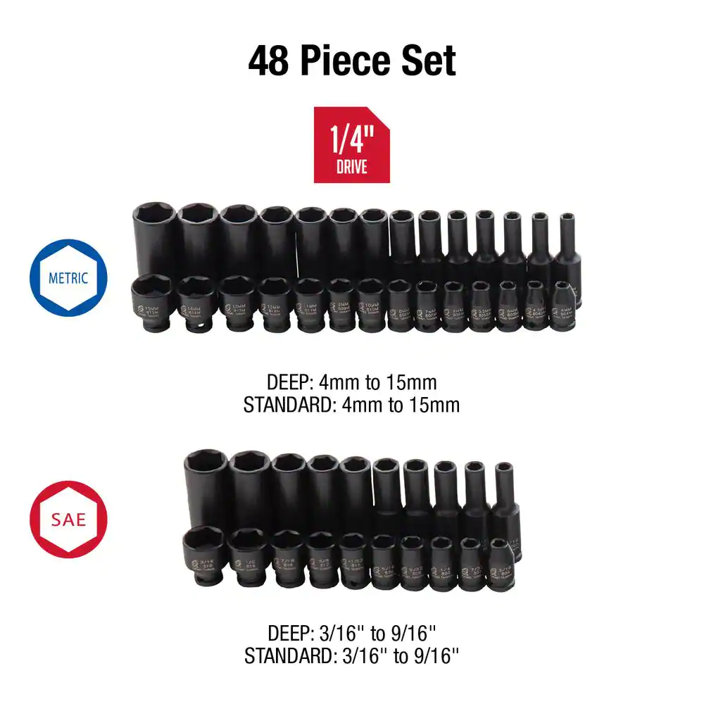 SUNEX TOOLS 1/4 in. Drive SAE and Metric Impact Socket Set (48-Piece)