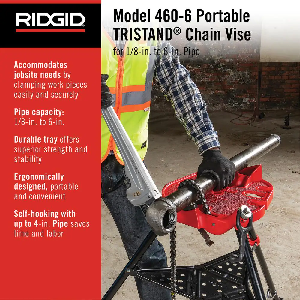 RIDGID 1/8 in. to 6 in. Pipe Capacity, Portable TriStand Chain Vise with Integral Folding Legs, & Tool Tray Model 460-A