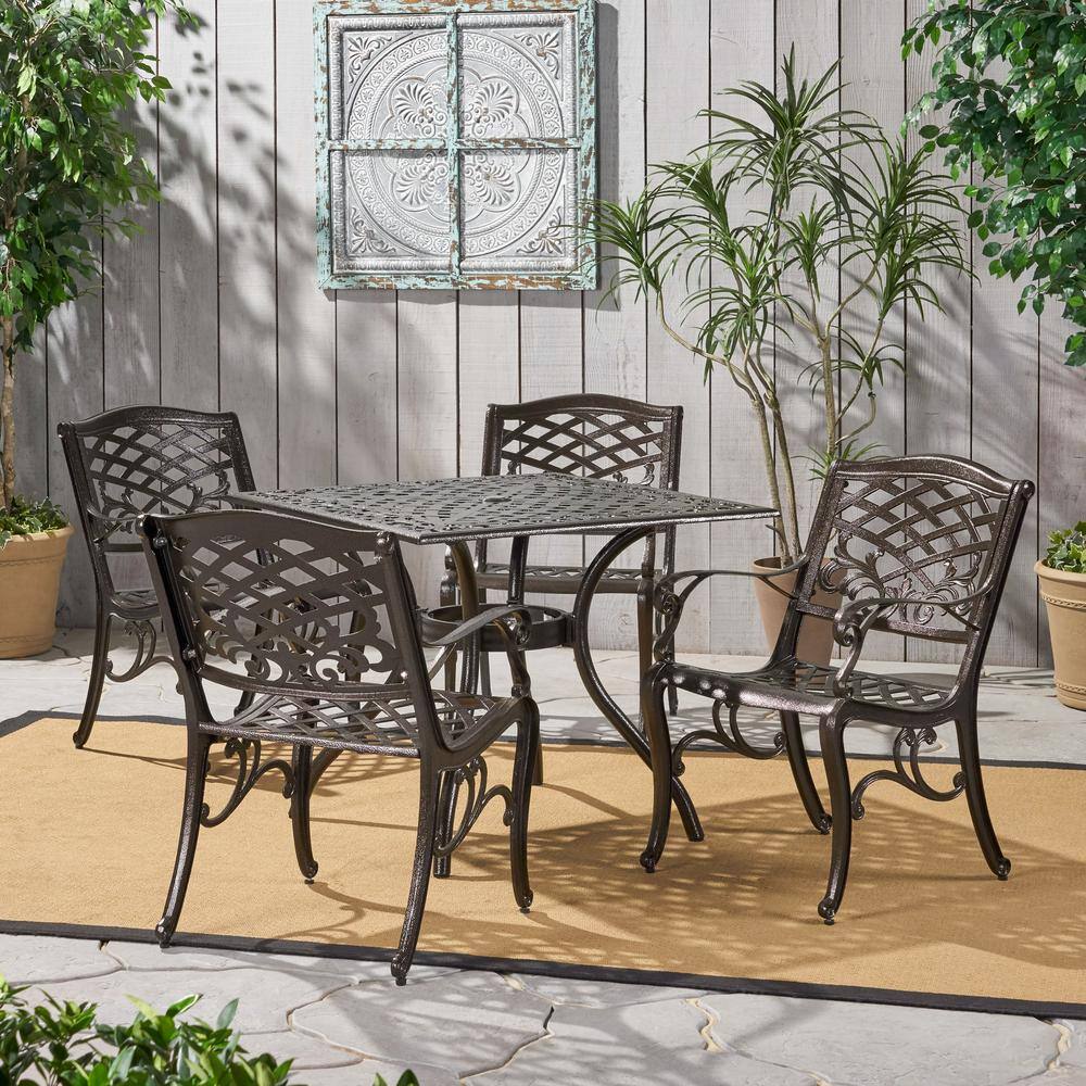 Noble House Sarasota Bronze 5-Piece Aluminum Square Outdoor Dining Set
