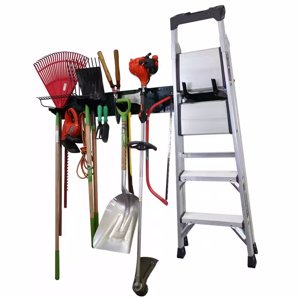 Wall Control 8 in. H x 64 in. W Garage Tool Storage Lawn and Garden Tool Organizer Rack with Green Metal Peg Board and Black Hook Set