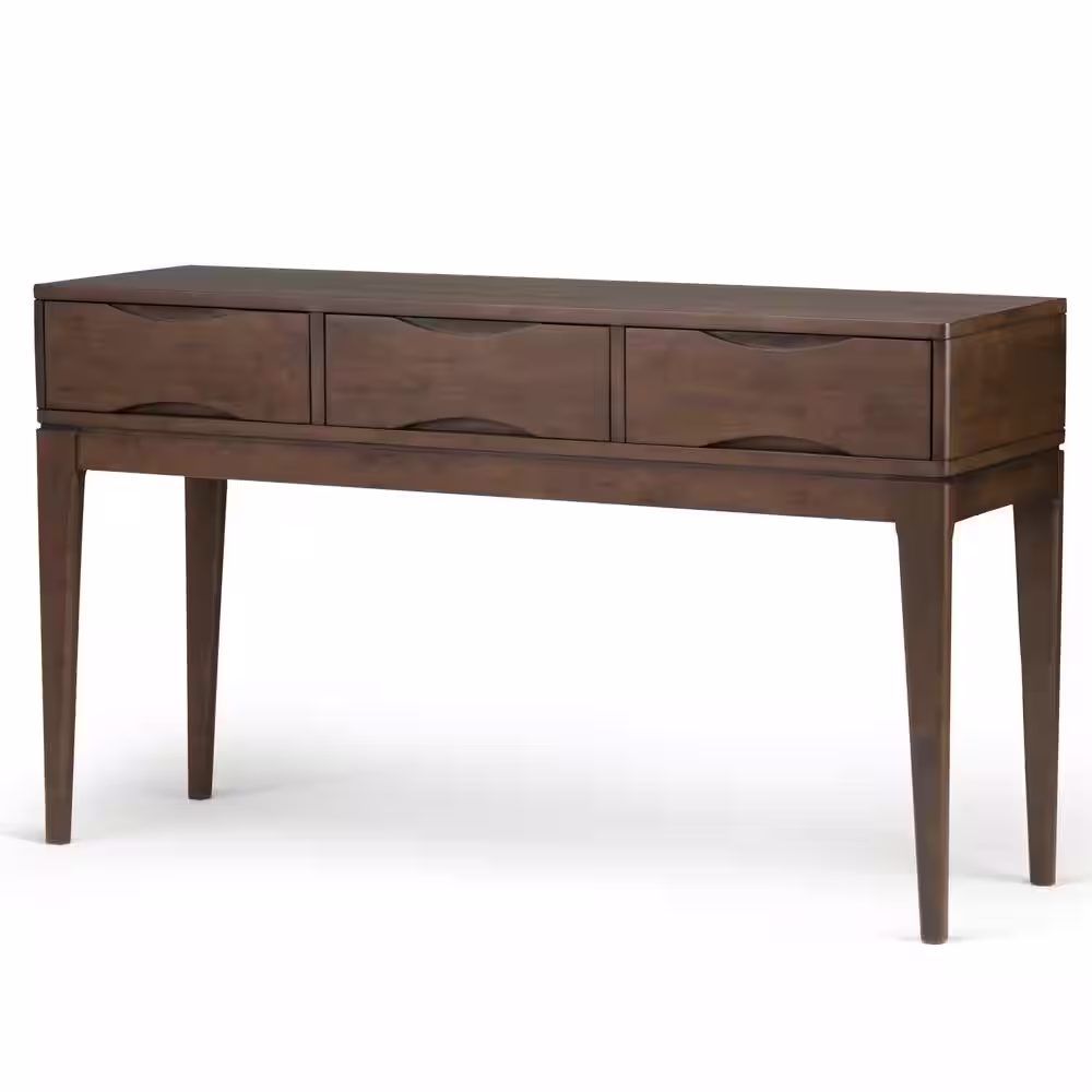 Simpli Home Harper Solid Hardwood 54 in. Wide Mid-Century Modern Console Sofa Table in Walnut Brown