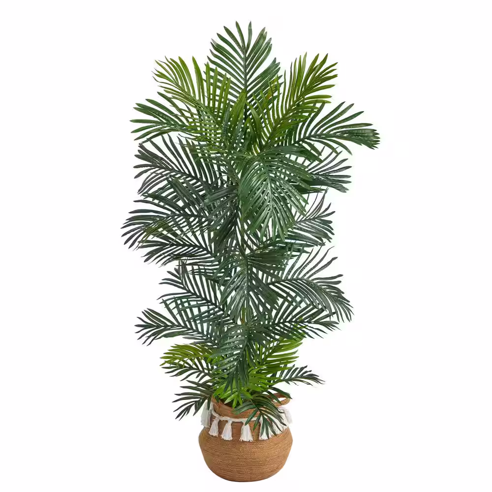 Nearly Natural 5 ft. Green Areca Artificial Palm Tree in Boho Chic Handmade Cotton Planter with Tassels UV Resistant (Indoor/Outdoor)