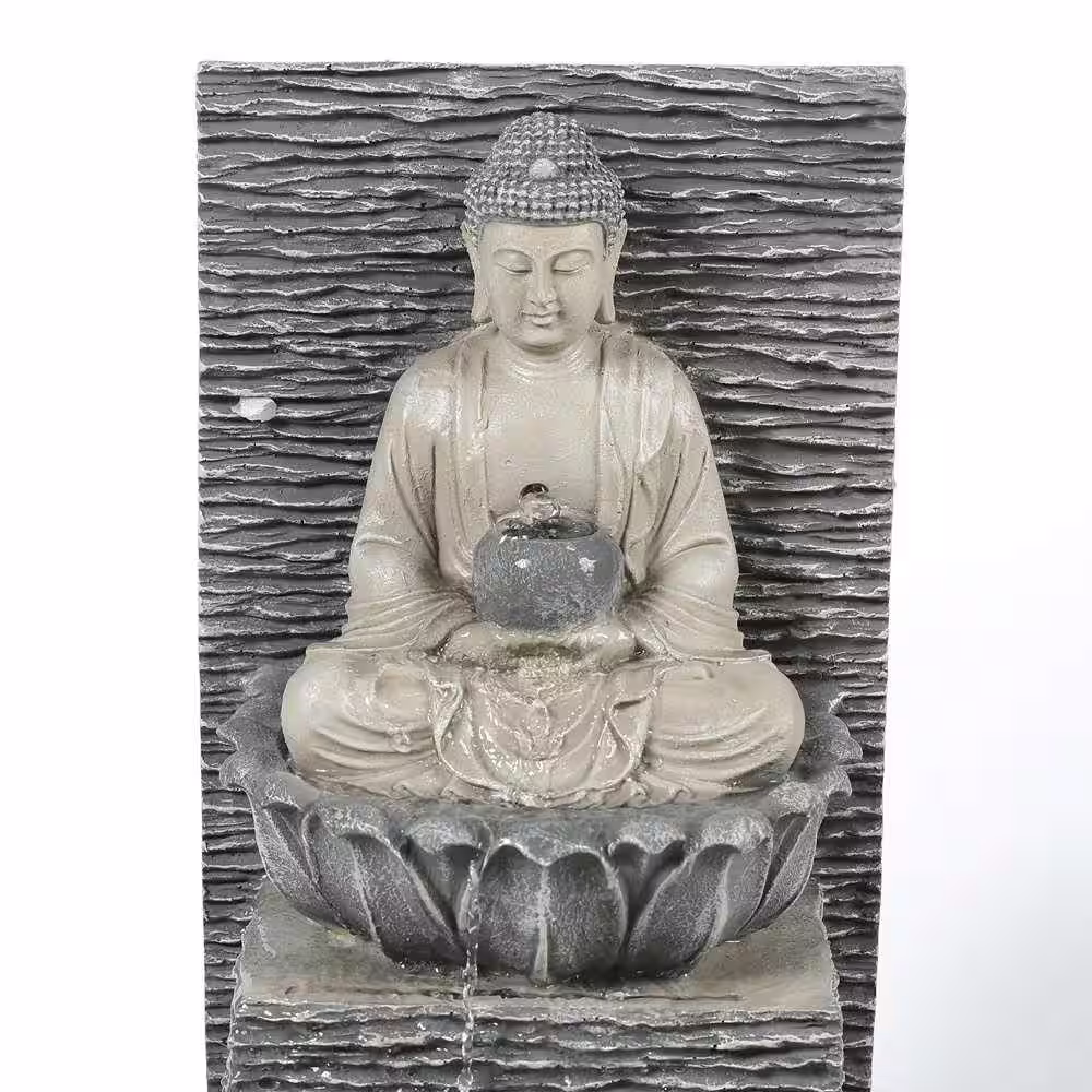 LuxenHome Polyresin Meditating Buddha with Pedestal Patio Cascade Fountain with LED Lights