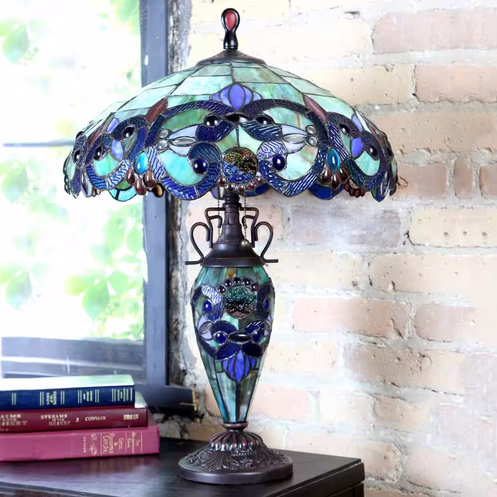 River of Goods 26 in. Blue Indoor Table Lamp with Stained Glass Victorian Style Shade and Lit Base