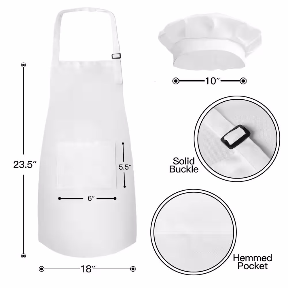 Novelty Place 18 in. x 23.5 in. Kid's Apron with Chef Hat Set (3 Set) - Skin-Friendly Children's Bib with Pocket - (White)
