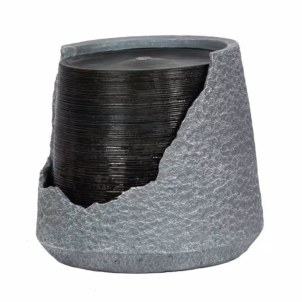 None 18 in. Tall Modern Chic Polyresin Urn Water Fountain w/LED Light, Indoor Outdoor Decor, Gray