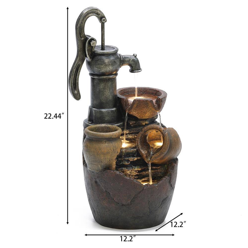 None Farmhouse Pump and Pots Outdoor Polyresin Cascade Fountain with LED Lights