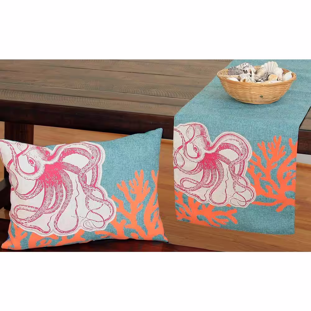 Xia Home Fashions Sea Life 13.5 in. x 72 in. Blue Applique Octopus With Print Coral Coastal Table Runner