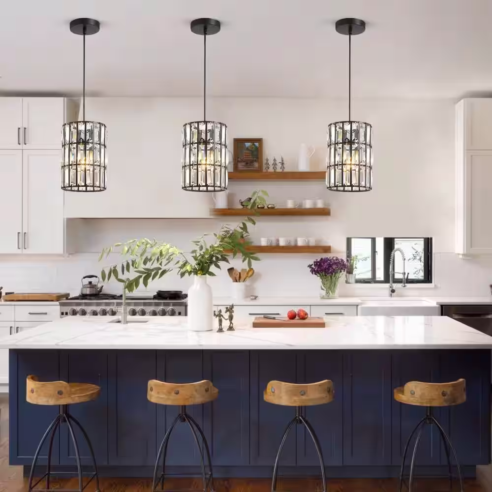 None 1-Light Modern Mini Pendant Light Black Crystal Hanging Chandelier for Kitchen Island