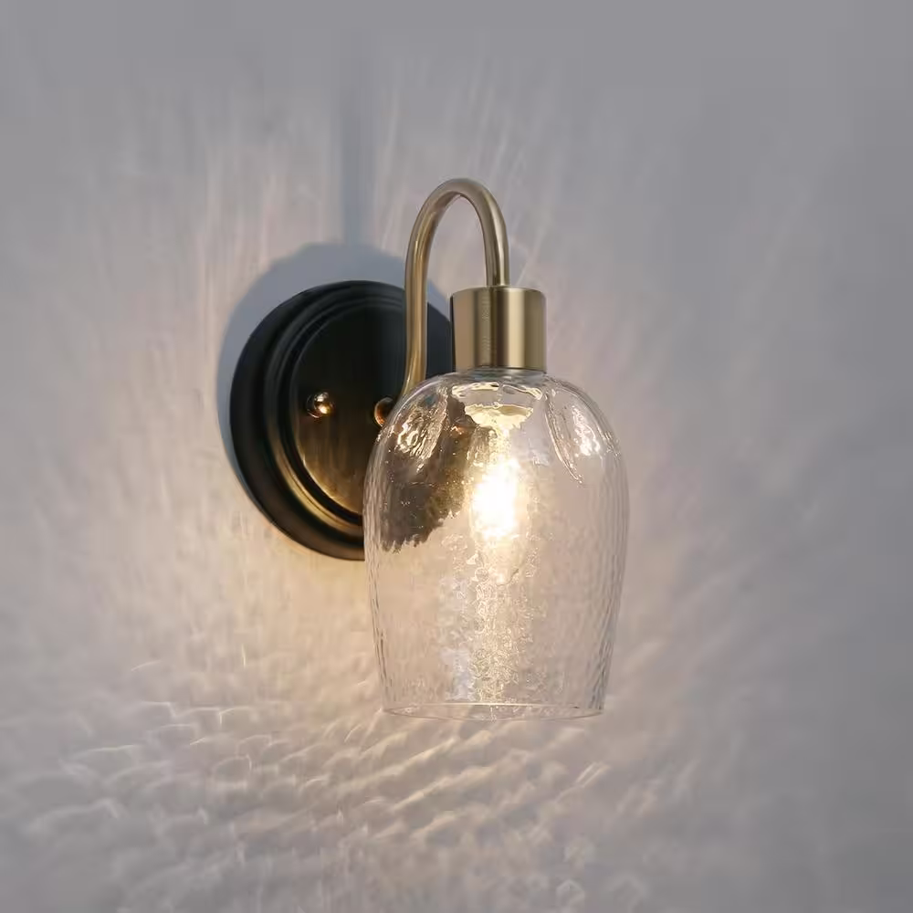 None Hammer Glass Black Indoor Wall Sconce, 4.7 in. 1-Light Brass Gold Bathroom Vanity Lighting, Modern Wall Light Fixture