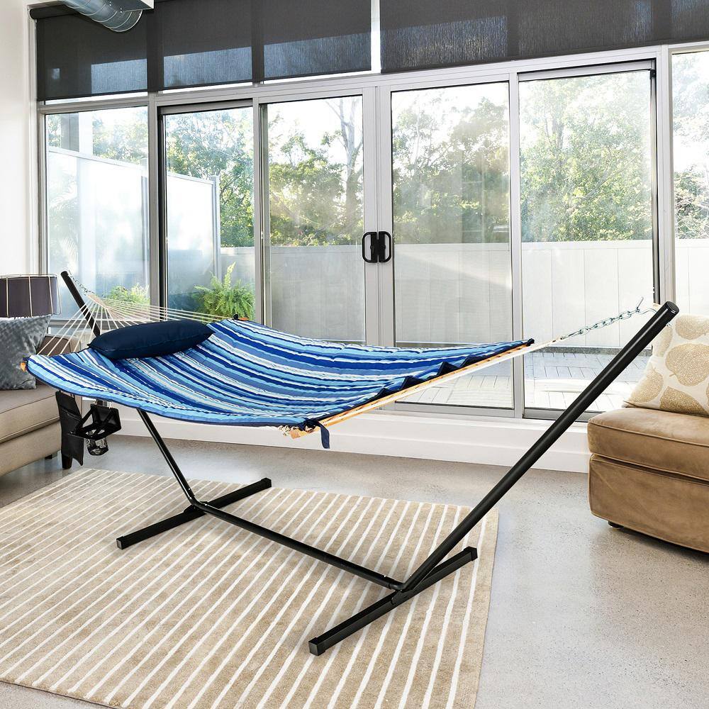 Gymax Swing Hammock Chair Set Hanging Bed with Heavy-Duty Steel Stand Cup Holder