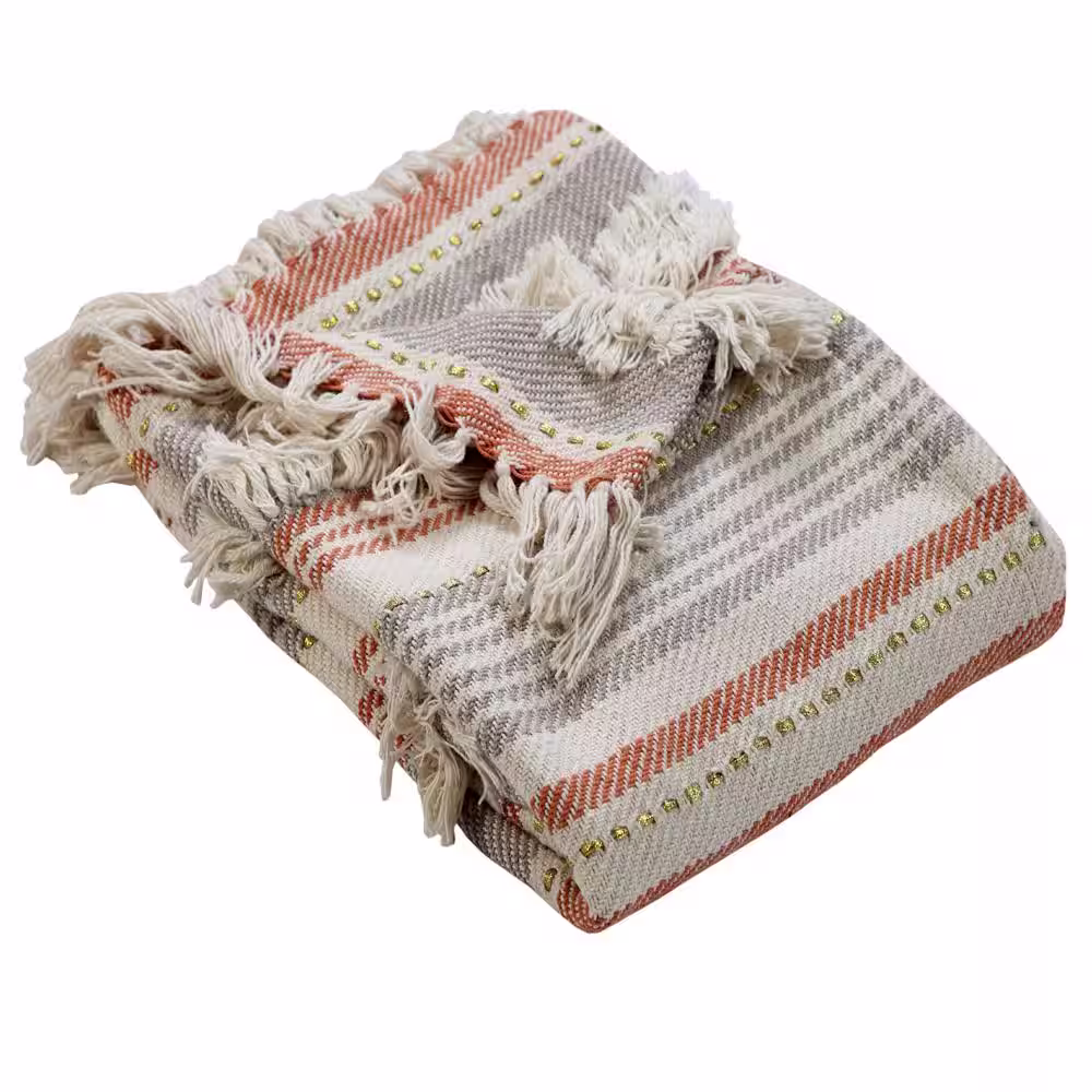 LR Home Gemma Stripes and Lines Contemporary Rust / Grey Cotton Blend Throw