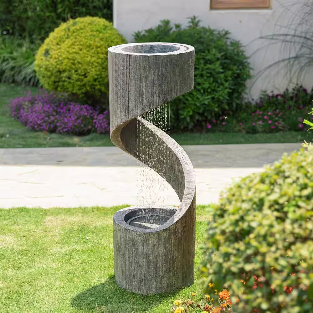 Glitzhome 40 in. H Tall Oversized Outdoor Polyresin Cascade Fountain with LED Light and Pump (KD)