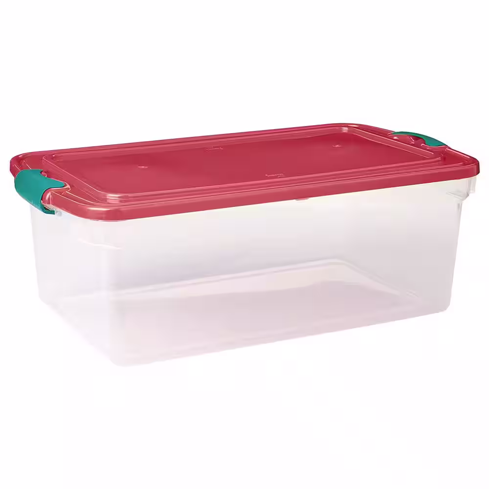 HOMZ 64-Qt. Holiday Seasonal Decor Plastic Storage Tote Bin with Latching Lid (6-Pack)