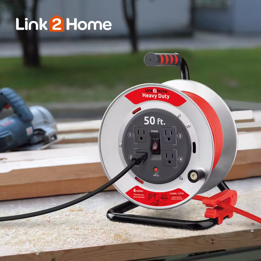 Link2Home 50 ft. Heavy-Duty Professional Grade Metal Cord Reel - High Visibility 12 AWG SJTW Extension Cord with 4 Power Outlets