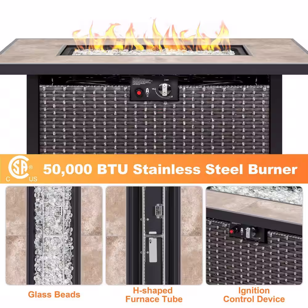 Nuu Garden 43 in. 50,000 BTU Brown Rectangle Wicker Outdoor Propane Fire Pit Table with Ceramic Tabletop and Oxford Cover