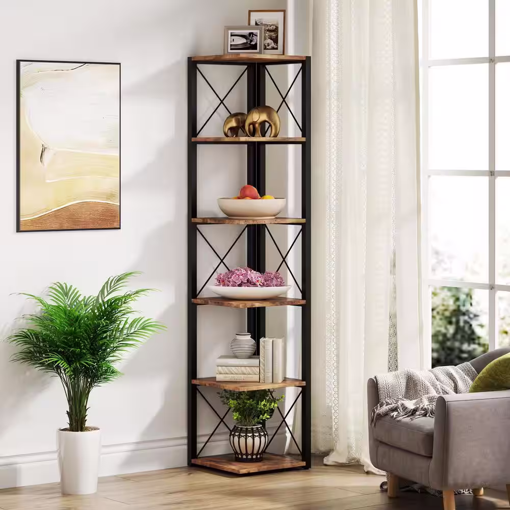 TRIBESIGNS WAY TO ORIGIN Jannelly 70.8 in. Rustic Brown Wood and Black Metal Frame 6 tier Radial Corner Shelves Bookcase Storage Rack Plant Stand