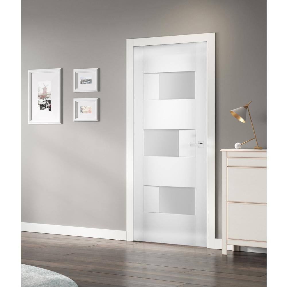 VDOMDOORS 24 in. x 80 in. Universal Frosted Glass Solid MDF White Finished Pine Wood Interior Door Slab with Hardware