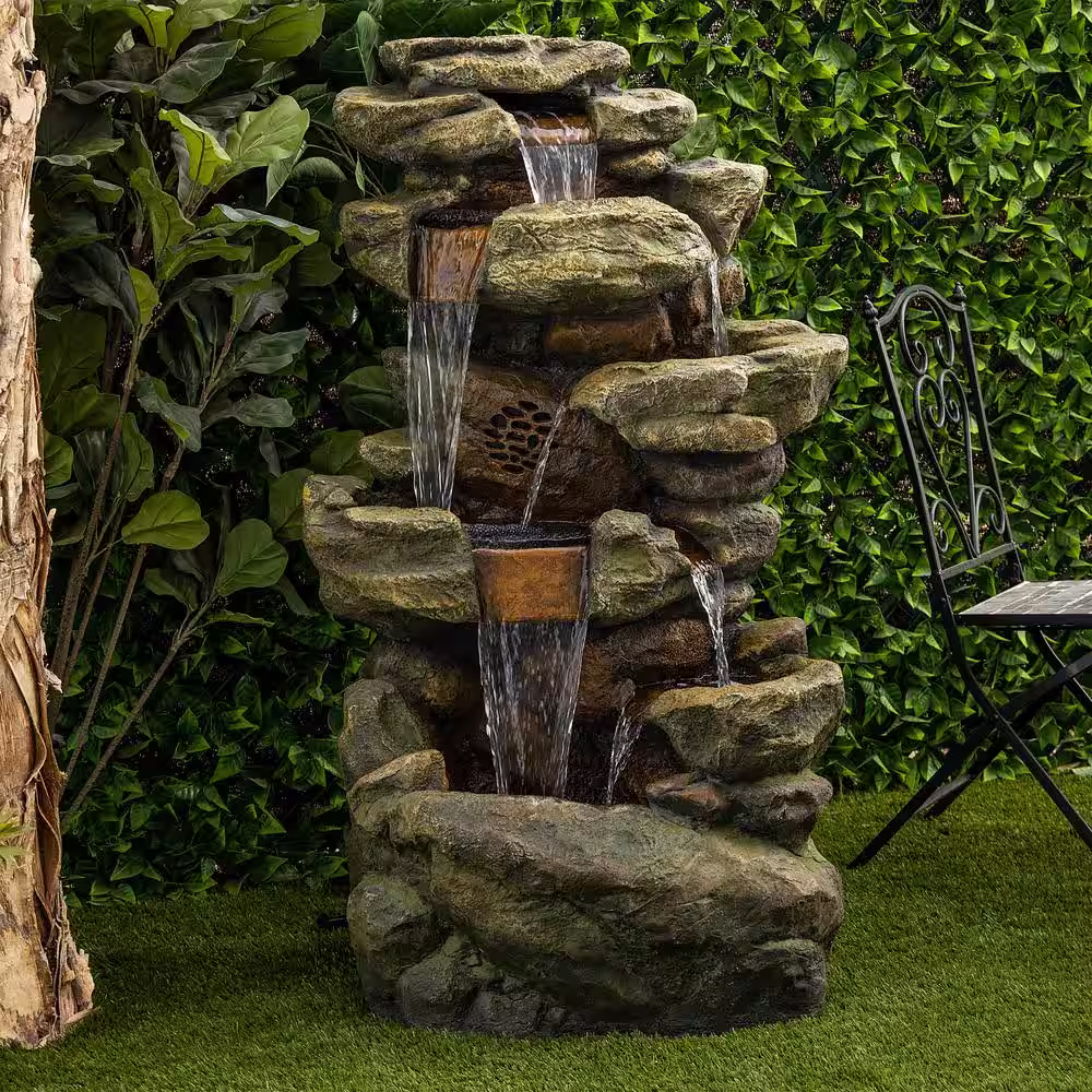 Alpine Corporation 51 in. Tall Outdoor Rainforest Floor Tiered Fountain with LED Lights and Bluetooth Speaker