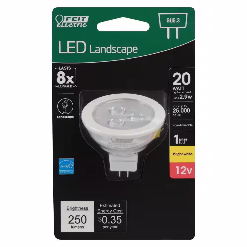 Feit Electric 20-Watt Equivalent MR16 GU5.3 Bi-Pin Base 12-Volt Landscape LED Light Bulb Bright White 3000K