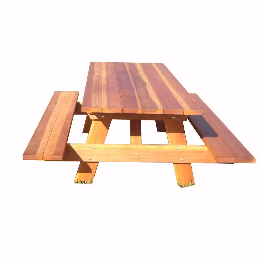 None Outdoor 1905 Super Deck Finished 7 ft. Redwood Picnic Table with Attached Benches